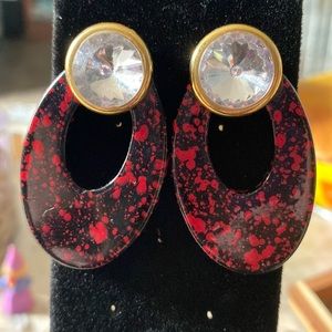 Vintage Retro Red Black Gold with Crystal Pierced Earrings